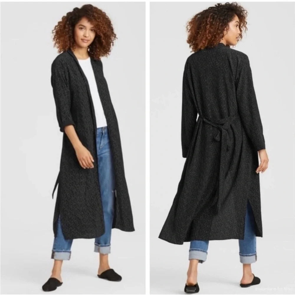 Eileen Fisher Black and White Speck Morse Code Duster Wrap Kimono Cardigan